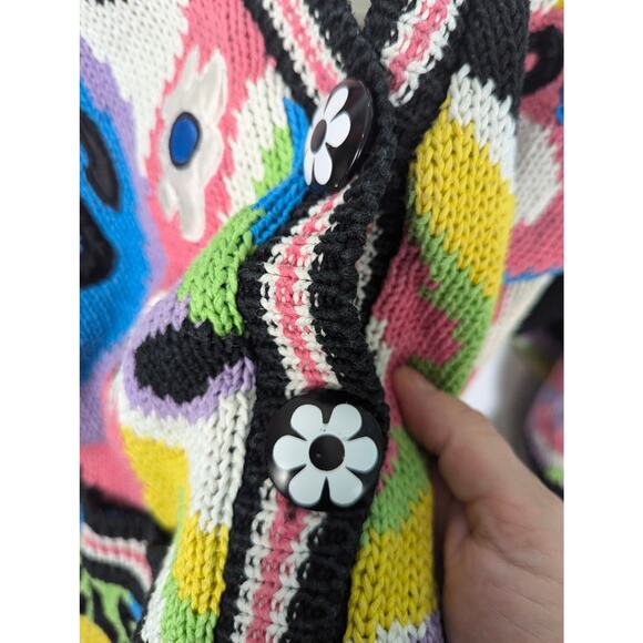 Vintage No Jeans Sweater Cardigan Jacket Graphic Patches Hip Hop Flower Power - Picture 13 of 14